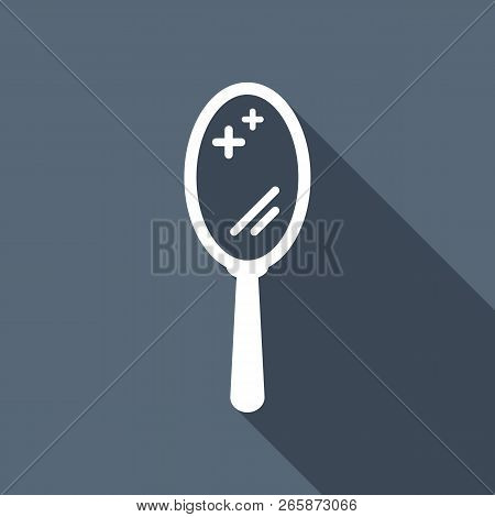 Simple Hand Mirror Icon. White Flat Icon With Long Shadow On Background