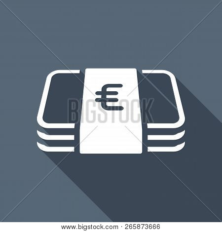 Pack Of Euro Money Or Vouchers. Business Icon. White Flat Icon With Long Shadow On Background