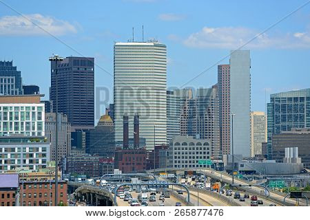 Boston City Financial District Skyscrapers And Interstate Highway 93 I-93 From South Boston, Boston,