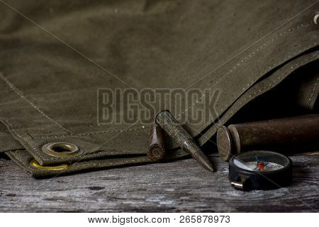 7, 92 X 57 - Rustic Ammos, Poncho And Old Compas Lies On The Wooden Background