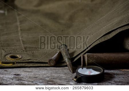 7, 92 X 57 - Rustic Ammos, Poncho And Old Compas Lies On The Wooden Background
