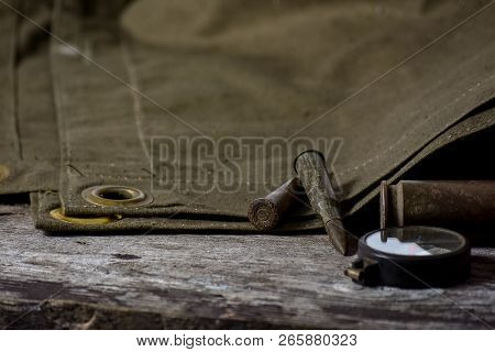 7, 92 X 57 - Rustic Ammos, Poncho And Old Compas Lies On The Wooden Background