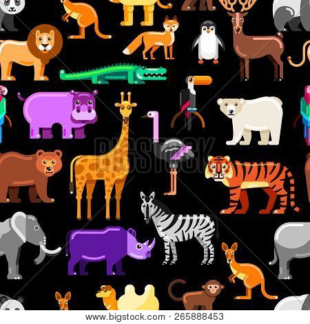 Wild Exotic Animals On Black Background. Vector Seamless Pattern. Colorful Zoo Or Safari Flat Illust