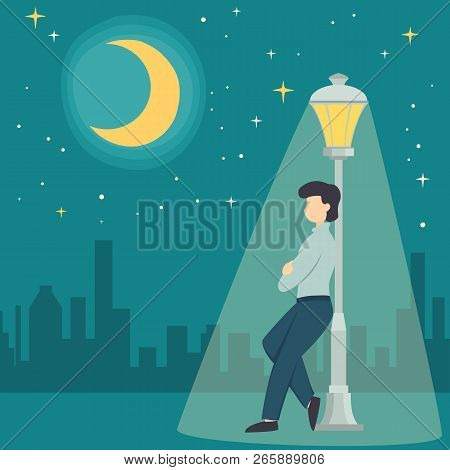 Night Background With A Lonely Man Near The Lantern On A Date, Illustration.