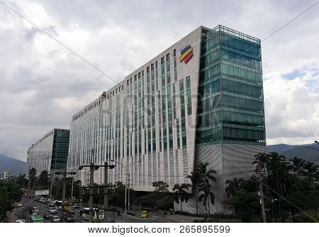 Medellin, Antioquia, Colombia - 10/05/2018: Main Building Of The Colombian Bank Bancolombia In The C