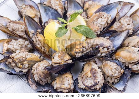 Midye Dolmasi, Stuffed Mussels, Turkish Food Isolated On White Background