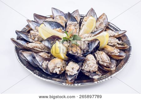Midye Dolmasi, Stuffed Mussels, Turkish Food Isolated On White Background