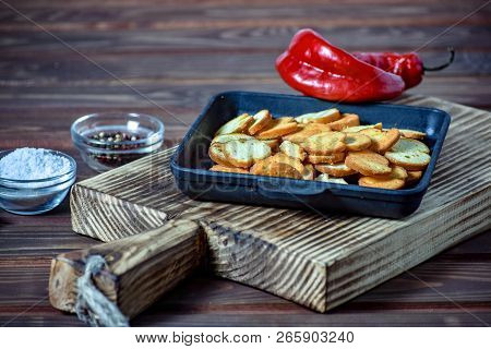 Spicy Crispy Rye Crouton Bread Selective Focus.