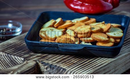 Spicy Crispy Rye Crouton Bread Selective Focus.