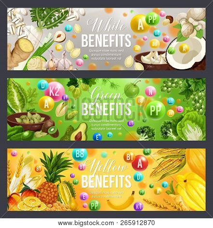 Color Diet Vitamin Food With Green, White And Yellow Fruits, Vegetables And Nuts, Herbs, Cereals, Mu