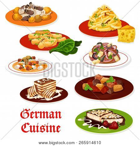 German Cuisine Meat And Vegetable Dishes. Salads With Sausage, Cheese And Potato, Apple And Onion, B