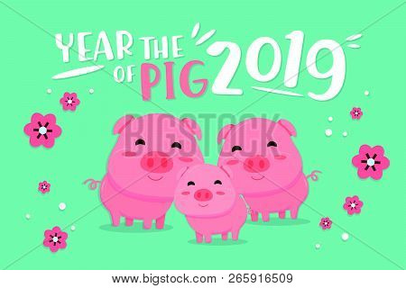 Happy Chinese New Year 2019 Year Of The Pig. Chinese Characters Mean Happy New Year, Wealthy, Zodiac