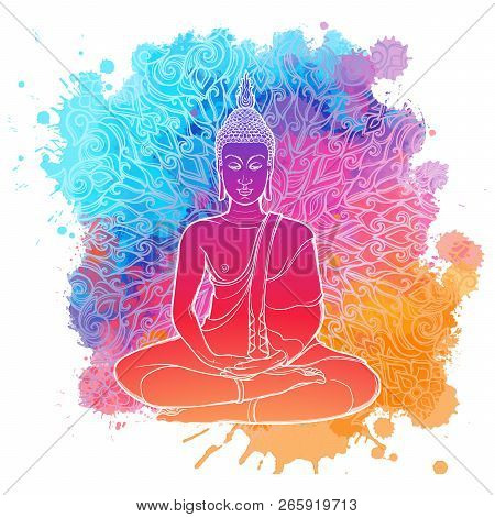 Buddha Meditating In The Single Lotus Position. Linear Drawing Isolated On A Bright Textured Waterco