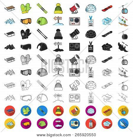 Ski Resort And Equipment Cartoon Icons In Set Collection For Design. Entertainment And Recreation Ve