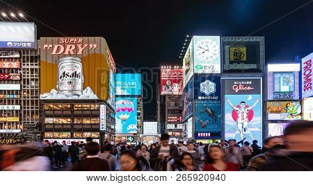 Osaka, Japan - Oct 22, 2018 - Crowded Tourists At Famous Travel And Shopping Destination In Dontonbo