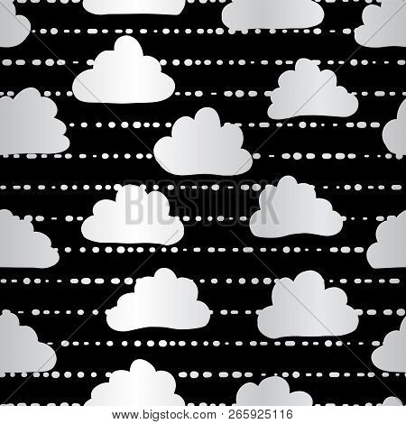 Silver Foil Clouds In The Sky Seamless Vector Pattern Background. Metallic Clouds On Striped Black B