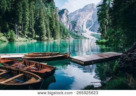 Beautiful View Of Lago Di Braies Or Pragser Wildsee, Trentino Alto Adidge, Dolomites Mountains, Ital