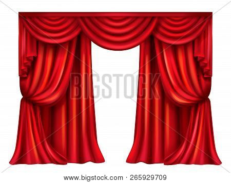 Vector Silk, Velvet Theatrical Curtain With Folds Isolated On White Background. Decoration Element F