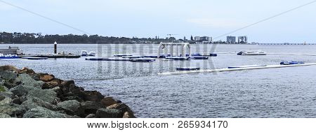 Redcliffe, Australia - October 28, 2018:  View Of The Inflatable Water Fun Park, Called Aquasplash R