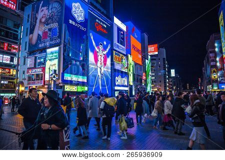 Dontonbori District Street, Osaka, Japan - November, 2017 : Tourist People Walking In Dotonbori Stre
