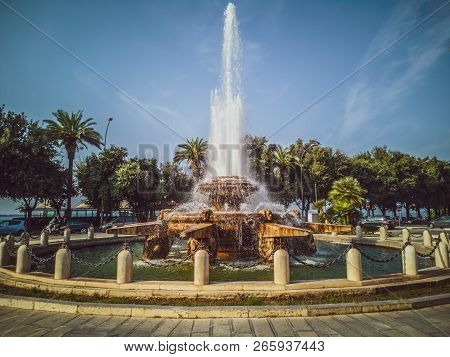 Taranto, Italy. October 21, 2017: Fountain Of The Rose Of The Winds In The City Of Taranto In The Ap