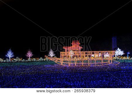 Osaka Castle Night Illumination, Osaka, Japan - November 2017 : Osaka Castle Decorated In Reminiscen