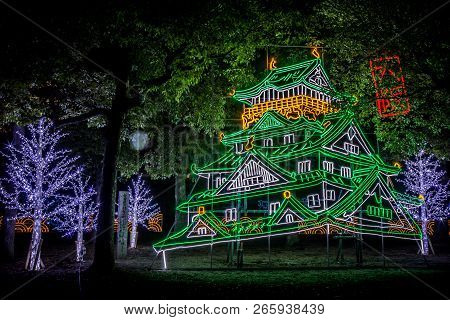 Osaka Castle Night Illumination, Osaka, Japan - November 2017 : Osaka Castle Decorated In Reminiscen