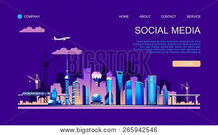 Landing Vector Illustration Of The Smart Chinese City Of Shanghai, Infrastructure, Construction, Tra