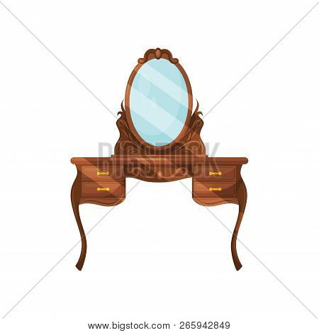 Dresser With Oval Mirror And Shelves. Wooden Dressing Table. Classic Furniture For Bedroom. Flat Vec