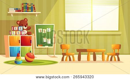 Illustration Of Cartoon Kindergarten - Toys For Children, Books, Furniture For Preschool, Infant Sch