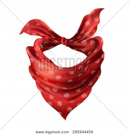 3d Realistic Silk Red Neck Scarf. Fabric Cloth Of Dotted Neckerchief. Scarlet Bandana, Outerwear Of 