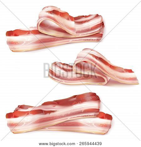 Realistic Set Of Thin Bacon Strips, Rashers, Raw Or Smoked Isolated On Background. Fatty Slices Of P