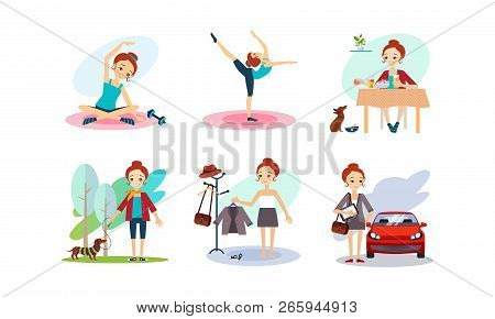 Woman Daily Routine, Morning Time, Girl Doiing Sports, Eating Breakfast, Walking With A Dog, Going T