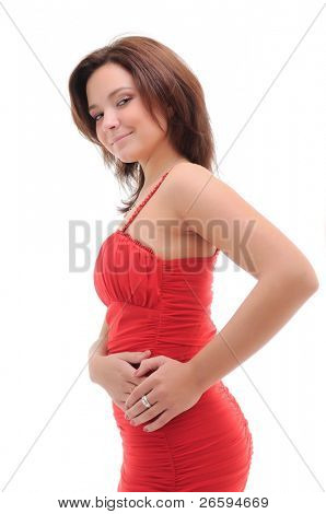 Femme sexy en robe rouge. Isolated over white.