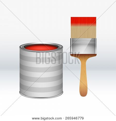 Cartoon Red Paint Bucket With Striped Pattern And Paint Brush. Vector Illustration Of Isolated On Wh