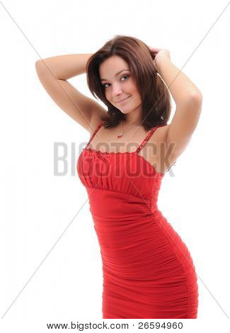 Femme sexy en robe rouge. Isolated over white.