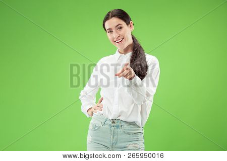 I Choose You And Order. The Smiling Business Woman Point You, Want You, Half Length Closeup Portrait