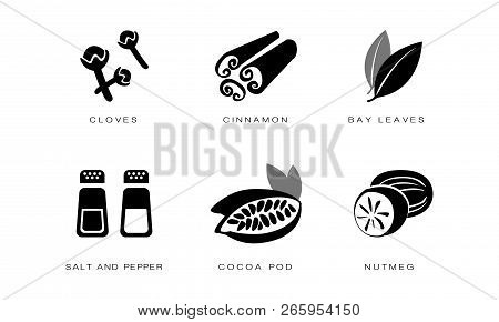 Spices And Condiments Icons Set, Cloves, Cinnamon, Bay Leaves, Salt And Pepper, Cocoa Pod, Nutmeg Bl