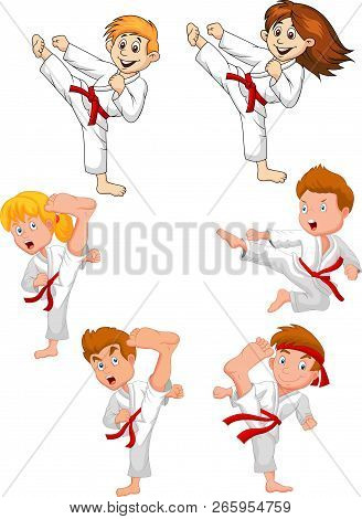 Vector Illustration Of Cartoon Little Kid Training Karate Collection