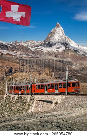 Famous Matterhorn Peak With Gornergrat Train In Swiss Alps, Switzerland