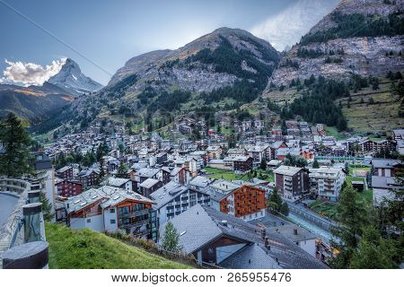 Zermatt Village With Peak Of Matterhorn In Swiss Alps