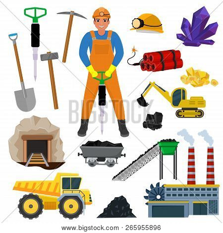 Miner Vector Mine Worker Builder Character In Helmet Mining Coal Minerals In Rocks Tunnel With Excav