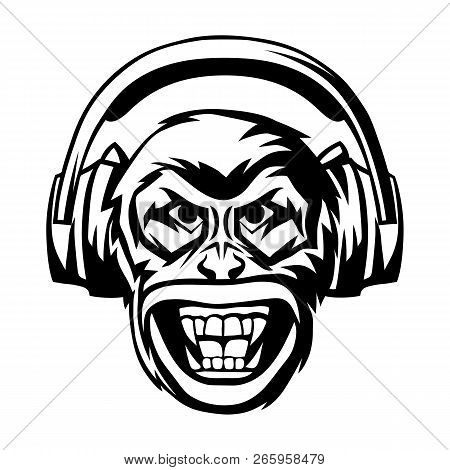 Angry Monkey Head In Headphones. Aggressive Animal Musical Poster Or Emblem Design.