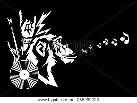 Rock And Roll Music Print With Monkey Head. Rock Festival Poster. Vintage Label With Musical Items.