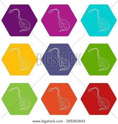 Aquatic Dinosaur Icons 9 Set Coloful Isolated On White For Web