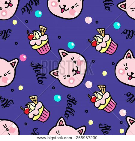 Vector Seamless Pattern With Kittens And Muffins. Hello Lettering
