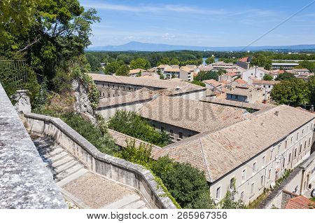 Medieval Avignon Cityscape. Old Town Roofs. High Viewpoint.fought Over, Occupied And The Center Of P