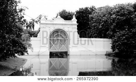 White Beautiful Gate On The River For The Passage Of Boats