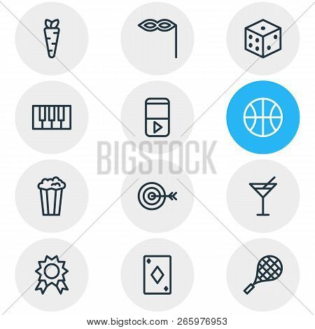 Vector Illustration Of 12 Entertainment Icons Line Style. Editable Set Of B-ball, Target, Dice And O