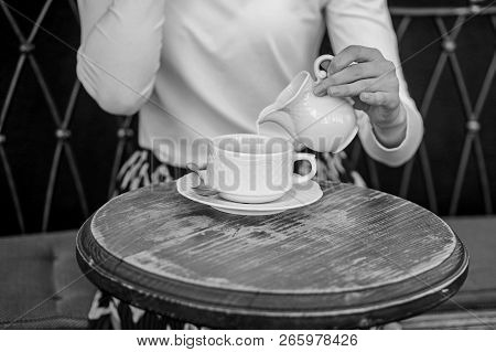 With Milk Tastes Better. Tips For Healthier Coffee Drinking. Hand Female Adding Pouring Milk To Blac